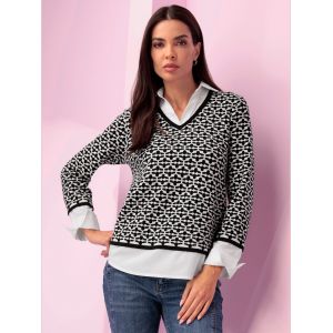 Pull 2 en 1 empiècement chemisier au col, aux manches et à l'ourlet - Rick Cardona - noir-écru à motifs - Taille 38