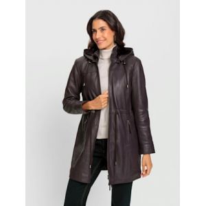 Veste en cuir capuche amovible avec empiècement imitation fourrure - Mainpol - aubergine - Taille 46