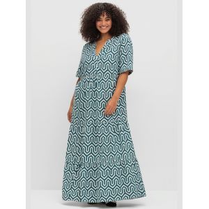 Robe longue coupe &eacute;vas&eacute;e - Sheego - bleu p&eacute;trole &agrave; motifs - Taille 46