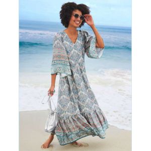Robe d'été qualité tissée - Linea Tesini - sable-rose flamant imprimé - Taille 44