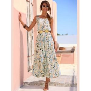 Robe mi-longue robe d'été à encolure ronde - Buffalo - crème-bleu imprimé - Taille 48