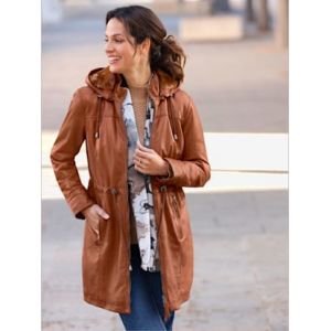 Veste en cuir capuche amovible avec empiècement imitation fourrure - Mainpol - ambre - Taille 40