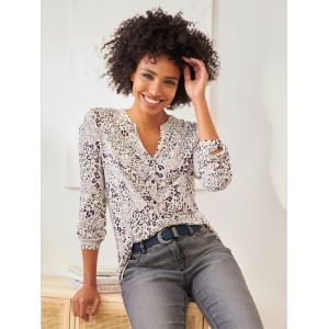 Chemisier &agrave; manches longues joli motif l&eacute;opard - Linea Tesini - caf&eacute; au lait-vieux rose imprim&eacute; - Taille 42