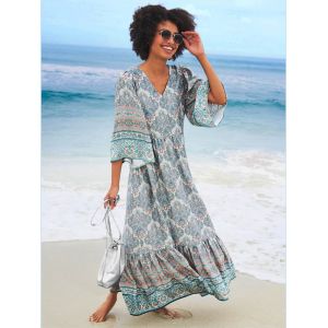 Robe d'&eacute;t&eacute; qualit&eacute; tiss&eacute;e - Linea Tesini - sable-rose flamant imprim&eacute; - Taille 42