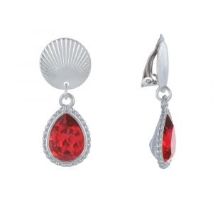 Boucles d'Oreilles Clips Laiton Argenté Pastille Striée et Goutte Cristal - Rouge