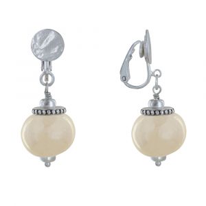 Boucles d'Oreilles Clip Métal Argenté et Grosses Perles en Céramique - Beige