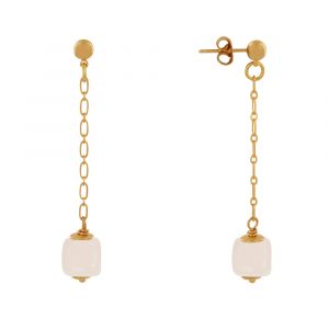 Boucles d'Oreilles Chainette Laiton Doré et Cube en Céramique - Beige clair