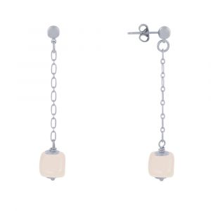 Boucles d'Oreilles Chainette Laiton Argenté et Cube en Céramique - Beige clair