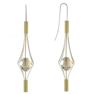 Boucles d'Oreilles Argent 925 et Plaqué Or Lanterne et Cristal - Grand Modèle - Beige