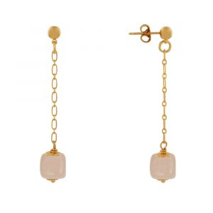 Boucles d'Oreilles Chainette Laiton Doré et Cube en Céramique - Beige
