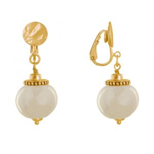 Boucles d'Oreilles Clip Métal Doré et Grosses Perles en Céramique - Beige