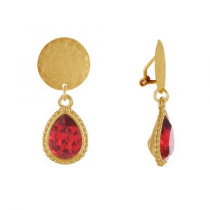 Boucles d'Oreilles Clips Laiton Doré Pastille Brossée et Goutte Cristal - Rouge