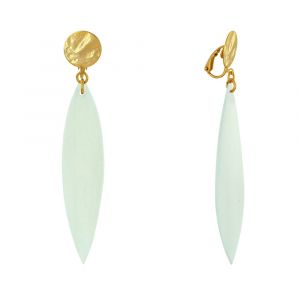 Boucles d'Oreilles Clip Métal Doré et Longue Pétale en Bois - Vert d'Eau