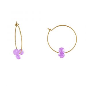 Boucles d'Oreilles Créoles Laiton Fermée et Bouquet de Perles de Verre - Violet clair