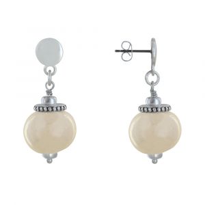 Boucles d'Oreilles Clous Métal Argenté et Grosses Perles en Céramique - Beige