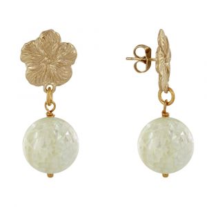 Boucles d'Oreilles Clous Métal Doré Fleur et Perle de Nacre Facettée - Beige