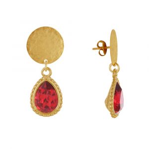 Boucles d'Oreilles Clous Laiton Doré Pastille Brossée et Goutte Cristal - Rouge