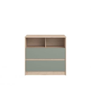 Commode 2 tiroirs et 2 niches SHELTER Imitation chêne et vert