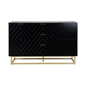 Commode 3 tiroirs 2 portes GLORY noire et dor&eacute;e