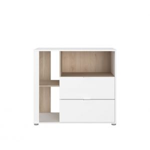 Commode 2 tiroirs 3 niches ALBORG blanc et imitation ch&ecirc;ne