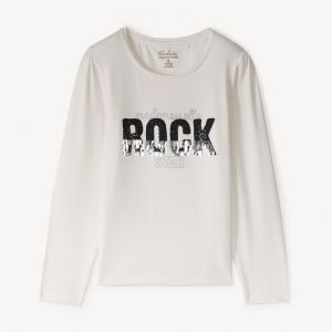 T-shirt manches longues print Rock &agrave; sequins pour fille - Ecru