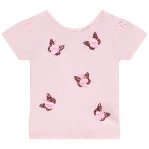 T-shirt manches courtes avec sequins et pétales en reliefs pour fille - Rose