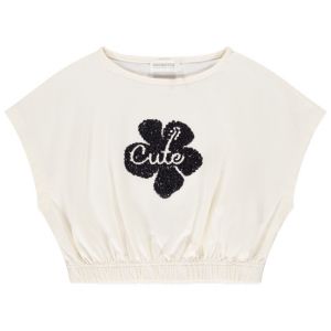 T-shirt manches courtes forme boîte à sequins fantaisies pour fille - Ecru