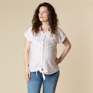 Chemise manches courtes de grossesse et d&#39;allaitement rayée à nouer - Ecru