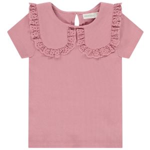 T-shirt manches courtes côtelé à col claudine brodé pour fille - Vieux rose