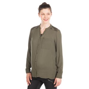 Chemise manches longues à col mao et sequins - Kaki