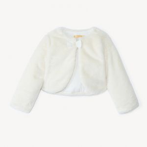 Gilet esprit bol&eacute;ro en fausse fourrure &agrave; n&oelig;ud pour fille - Ecru