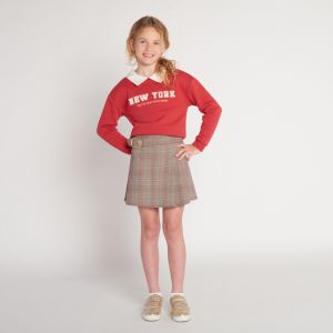 Jupe courte milano &agrave; carreaux et boucle pour fille - Beige