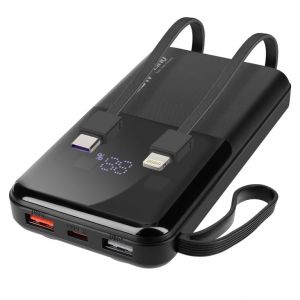 Batterie de Secours 10000 mAh avec C&acirc;bles Lightning et USB type C Noir - Neuf
