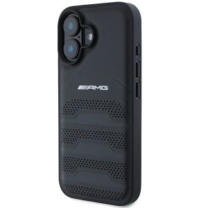 &Eacute;tui AMG pour iPhone 16 6.1  noir &eacute;tui rigide en cuir Lignes en relief Logo noir - Neuf
