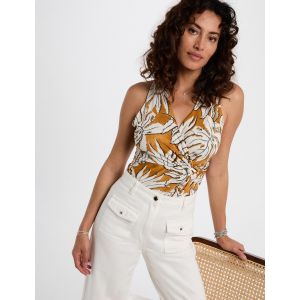 Top satiné col v jaune moutarde femme - Taille M