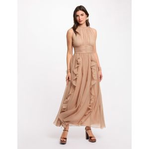 Robe longue col montant taupe femme - Taille 38