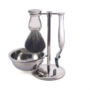 Kit Rasage Traditionnel 4 Pi&egrave;ces - Blaireau &agrave; poils Synth&eacute;tiques Noirs + Rasoir Gillette Mach3 + Bol de Rasage + Support 3 en 1 - Chrom&eacute;