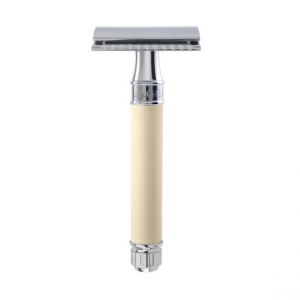 Rasoir de S&eacute;curit&eacute; avec Poign&eacute;e Doubl&eacute;e en Caoutchouc Aspect Ivoire Chrom&eacute; - Mod&egrave;le &agrave; Double Tranchant + Lame Plume