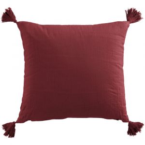 Coussin carr&eacute; 40x40 cm Gaze de coton avec pompons Lie de vin