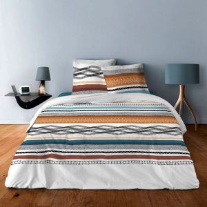 Parure de lit housse de couette avec taies d'oreiller 100% Coton 57 fils Geometrique Safran : Taille - 220 x 240 cm