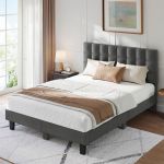 Lit 140x200 cm HavenlyHome Lit Capitonn&eacute; T&ecirc;te de Lit en Lin Lit Double avec Sommier &agrave; Lattes Lit Adulte pour 2 Personne Gris