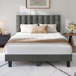 Lit 140x190 cm HavenlyHome Lit Capitonn&eacute; T&ecirc;te de Lit en Lin Lit Double avec Sommier &agrave; Lattes Lit Adulte pour 2 Personne Gris