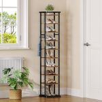 &Eacute;tag&egrave;re &agrave; Chaussures10 Niveaux avec CrochetsPorte Chaussures sur Pied en Fer et BoisR&eacute;glableGain de PlaceBrun Rustique et Noir