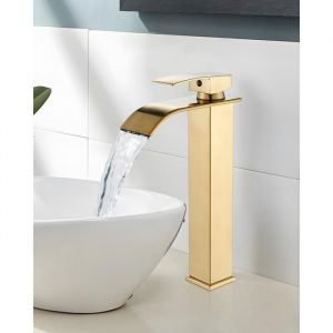 Robinet Lavabo doré brossé CascadeMitigeur Salle Bain Cascade avec bec Hauteur Mitigeur Lavabo Cascade Chaude et Froide Réglable
