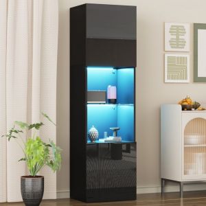 Vitrine noire laqu&eacute;e 45x35x160 cm avec &eacute;clairage LED 1 &eacute;tag&egrave;re en verre vitrine autoportante armoire haute meuble de rangement