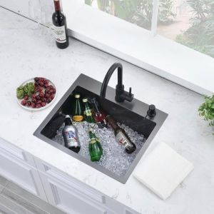 &Eacute;vier de Cuisine en Acier Inoxydable 304 50 x 45 cm Noir Avec Trou pour Robinet et Trop-plein 1 Bac Rectangulaire &Eacute;vier de Cuisine
