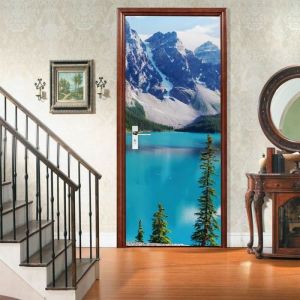 Stickers Porte Paysage De Lac De Montagne De Neige 77X200Cm 3D Trompe LOeil Autocollant Porte Wall Mural Poster De Porte Amovible
