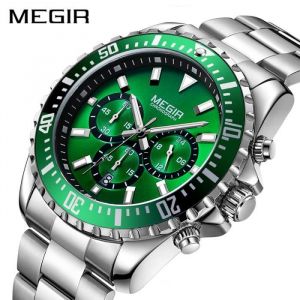MEGIR hommes montre de luxe chronographe montres à Quartz acier inoxydable Vert affaires horloge cadeau
