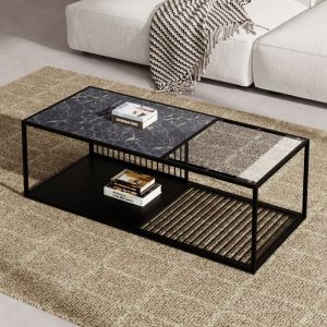 Table basse en fer forgé avec verre table de salon moderne avec décoration à motif de marbre 110x48x35 cm noir