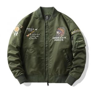 Blouson Bomber Veste Aviateur Homme Col Officier Veste Zippee Broderie Printemps et Automne - Vert
